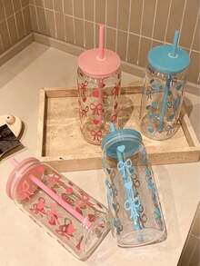 1pc 16oz Fashionable Pink Bow Plastic Cup With Lid And Straw, Ideal For Iced Coffee, Milkshakes, Gifts For Women, Sisters, Office, Home, Bedroom, Bathroom, Travel, Wedding, Birthday, Christmas, New Year - Multicolor - View 9