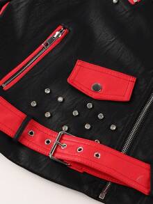 Women's Autumn/Winter Faux Leather Biker Jacket - Rhinestone Embellished, Asymmetric Zipper Design, Adding Fashionable Touch To Street Style In Cold Season - Red - View 8