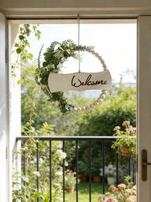 1pc Wooden Bead Wreath, Artificial Green Plant Flower Entrance Hanging Decor, Boho Style Wall Art, Suitable For Entryway, Living Room, Home Decor, Party And Daily Use - Multicolor - View 3