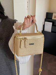 1-Piece New Style Simple Casual Versatile Woven Straw Bag Lunch Box Small Bag Chain Shoulder Messenger Bag Holiday Season Hot Small Bag Shoulder Messenger Bag,Vacay Vibes,Beachweekend,Utilitarian Chic - Khaki - View 8