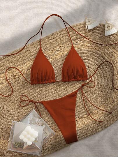  Conjunto de bikini de tirantes finos de unicolor suave con espalda cruzada de PEPPERMOLLY, bikini de moda de verano elegante para mujer, vacaciones en negro