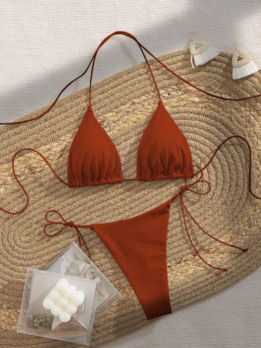 PEPPERMOLLY 新款柔软纯色细肩带交叉露背派对比基尼套装，优雅女士夏季沙滩时尚比基尼，黑色度假款 - 深橘色 - 查看 1