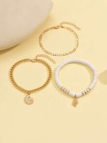 3pcs/Set Minimalist Ceramic Beaded Anklet, Fashion Metal Seashell Pendant Foot Jewelry Set, Suitable For Daily Wear And Beach Vacation - Multicolor - View 2