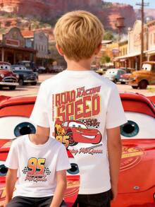 Disney Boys' T-Shirt Featuring A Creative Cartoon Print Of Lightning McQueen From Cars. Made From Soft, Comfortable, And Breathable Fabric, It's Perfect For Everyday Wear, Outings, And Activities-Making It An Ideal Gift For Kids. - 白色 - 查看 1