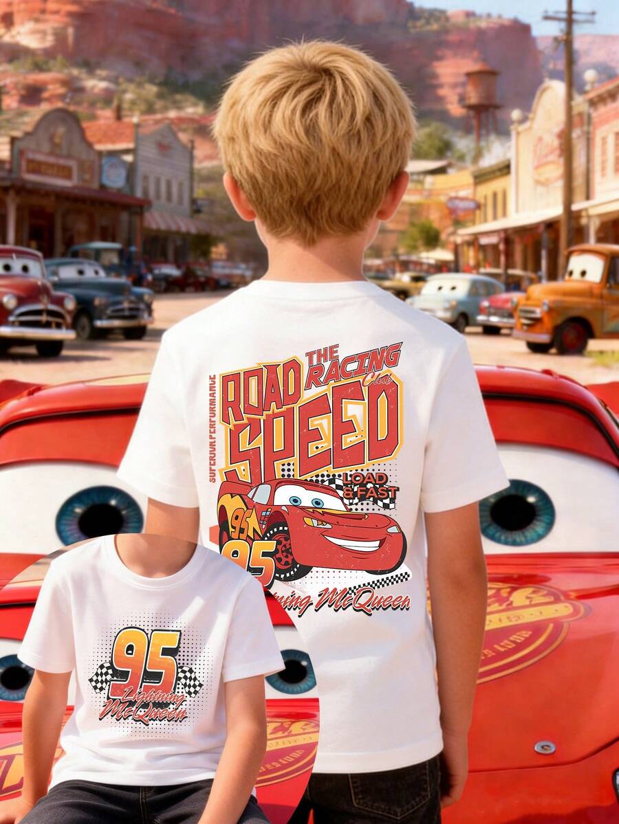 Disney Boys' T-Shirt Featuring A Creative Cartoon Print Of Lightning McQueen From Cars. Made From Soft, Comfortable, And Breathable Fabric, It's Perfect For Everyday Wear, Outings, And Activities-Making It An Ideal Gift For Kids. - 白色 - 查看 1