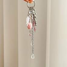 Baroque Pearl Bow Bag Charm, Crystal Tassel Keychain Gift - Pink - View 5
