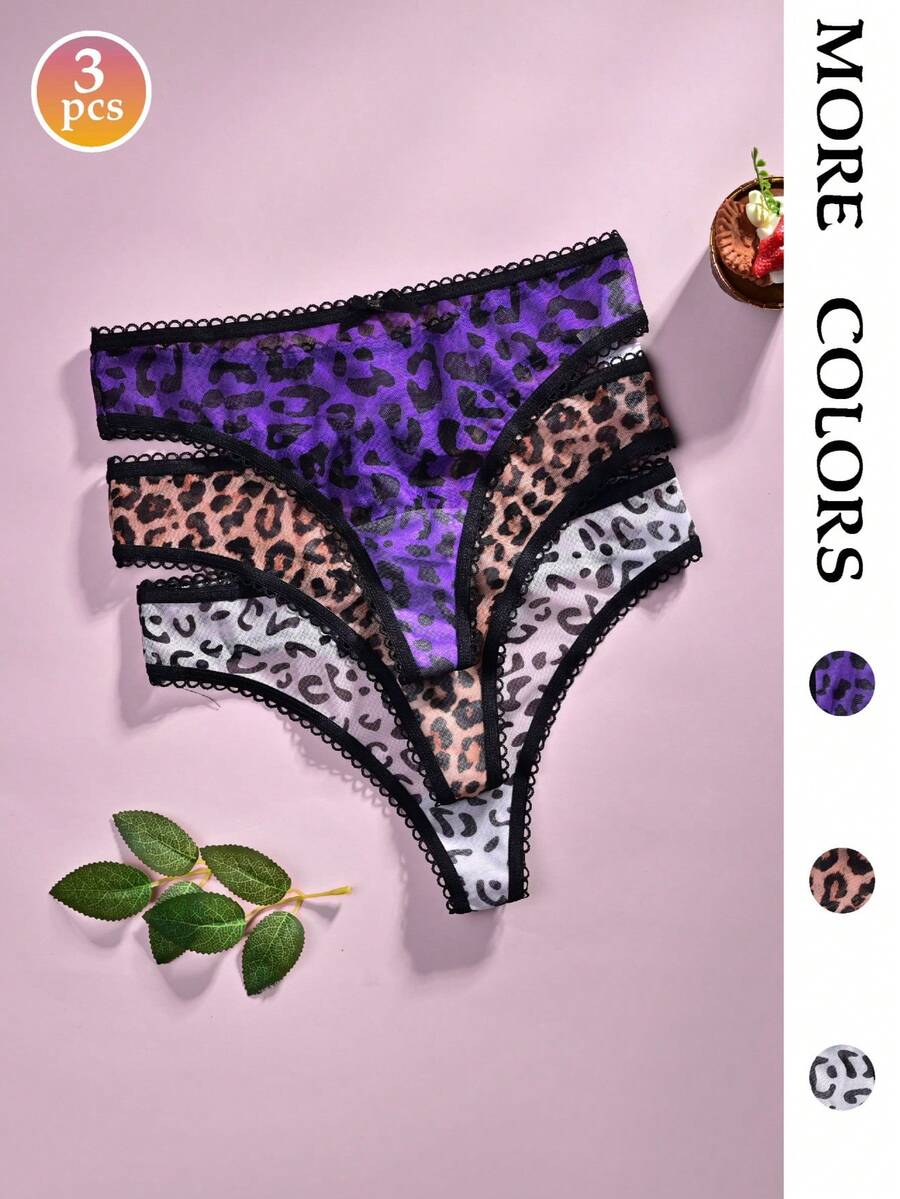 3pcs Women's Thong Panties, Black Leopard Print, Waist Ruched Scalloped Hem, Sexy Seamless Underwear - Black - View 1