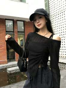 韩版露肩系带抽绳褶饰长袖T恤 - 黑色 - 查看 9