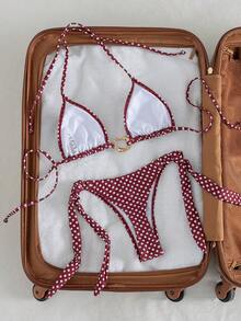 Women's Sexy & Fashionable Youthful Minimalist 2-Piece Romantic Beach Vacation Party Swimwear Set, Red Polka Dot Print With Gold Accents, Halter Neck Tie, Spring/Summer New Arrival - Red - View 3