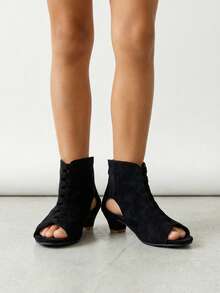 1 Pair Girls' Summer New High Heel Sandals, Versatile Black, Hollow Vamp, Back Zipper, Stylish Children's High-Top Shoes, Open Toe, Suitable For Parties And Gatherings, Matching Outfits - Black - View 3