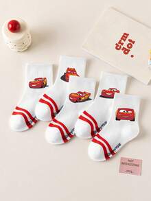 Disney 1/5双装迪士尼汽车卡通图案儿童中筒袜，黑白条纹，可爱迪士尼设计，时尚休闲透气学生袜，适合日常穿着、返校季、节日礼物 - 彩色 - 查看 5