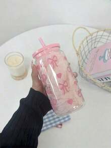 1个时尚16盎司粉色蝴蝶结塑料杯，带盖和吸管，非常适合盛装冰咖啡、便携饮料、果汁、冰沙，是送给女性和姐妹的理想礼物，适合办公室、家庭办公室、返校季、学生水杯，适合夏季和冬季、生日、节日和圣诞节礼物、返校、情人节、新年。 - 彩色 - 查看 4