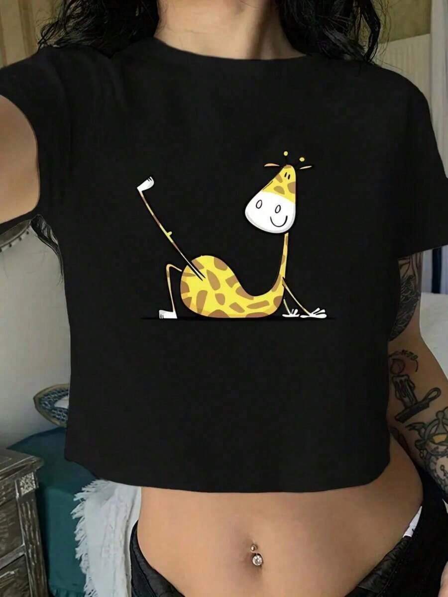Women's Cropped T-Shirt - Sexy Fit Belly-Baring Top, Lightweight Breathable Fabric For Casual & Party Outfits - Y2K Fashion Tee, Summer Wardrobe, Whimsical Design, Soft Texture, Short Sleeve Top, Women - Black - View 1