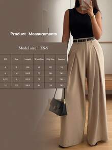 SMILE CHIC 女士夏季褶皱阔腿休闲高腰裤，适合约会、通勤，轻盈透气面料，百搭日常穿着，适合各种体型（不含腰带）春季 - 卡其色 - 查看 3