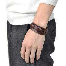 Set de 3 pulseras anchas de cuero genuino con detalles de trenzado, remaches y hebillas en estilo retro y punk para uso diario y festivales de música - Marrón - Ver 6