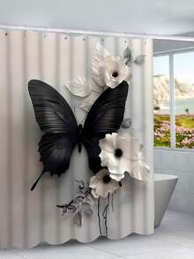 1/4pcs Polyester Shower Curtain - Black & White Floral And Butterfly Design, With Roses, Lilies, Sunflowers | Machine Washable | Elegant Bathroom Decor, Shower Privacy | Fashionable Design | Polyester Fiber, Shower Curtain Set - A - View 14
