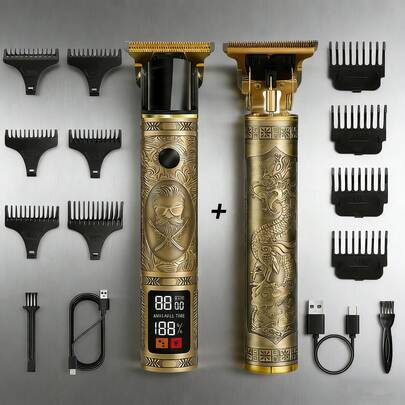Nuevo kit profesional de corte de cabello de 2 piezas para hombres: 1 cortadora de cabello eléctrica inalámbrica, 1 recortadora de cabello con cuchilla en T para afeitar, con pantalla digital LED, batería recargable de 1200mAh, ideal para uso en el hogar y viajes