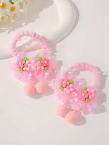 2个装 女孩可爱粉色花朵绒球发圈 - 粉色 - 查看 10