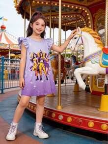 Girls' Cute Purple Cartoon Girl Group Printed Cap Sleeve Dress, Summer Sweet Girl Sequin Star Cap Sleeve Dress, Suitable For Music Festival, Concerts, Casual Wear, Loose & Comfortable, Youthful & Anime-Inspired - Purple - View 5