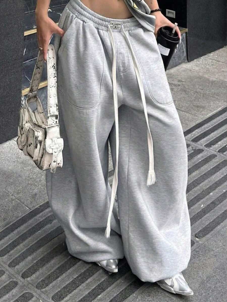 Women's Casual Street Style Minimalist Loose Drawstring Wide Leg Grey Sports Pants, Spring/Summer - Flower Grey - View 1
