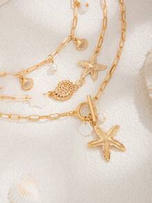 3pcs/Set Geometric Chain, Faux Pearl, Starfish, Scallop Tassel Pendant Necklace, Elegant Luxury, Suitable For Wedding, Party, Beach, Casual, Street Style, Women & Couples, Holiday, Birthday Gift - Necklace - View 7