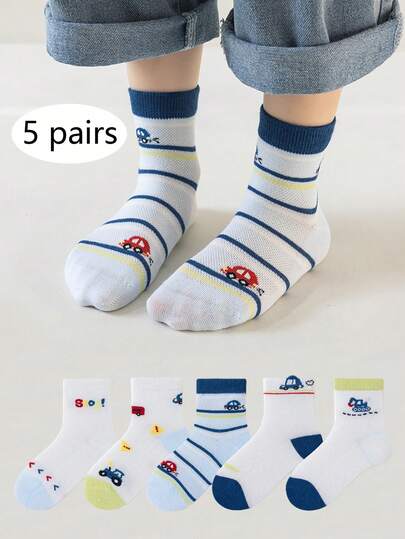 5 Pairs Mesh Breathable Cartoon Striped Mid-Calf Socks, Versatile Casual Socks For Boys And Girls, Suitable For Daily Wear, Sports, And Students, Spring/Summer