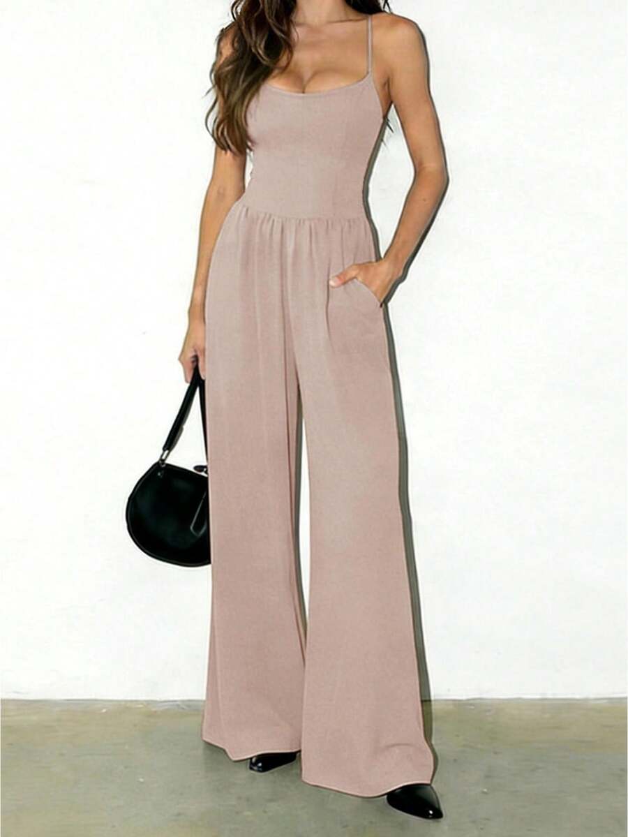 Women Stylish Jumpsuit Elegant Sleeveless Solid Romper Summer Wide Leg Pants With Pockets Enterizos De Mujer Elegantes - 卡其色 - 查看 1