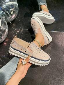 春秋季水钻装饰乐福鞋，女士透气休闲平底鞋，时尚套脚慵懒鞋 - 粉色 - 查看 3