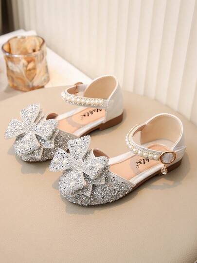女童大码公主平底鞋，蝴蝶结水钻珍珠装饰，适合上学和日常穿着