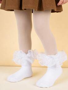 1 Pair Cotton Girls' Large Floral Lace Dance Socks, Elegant Princess Style Short Socks For Party Outfit - White - View 4