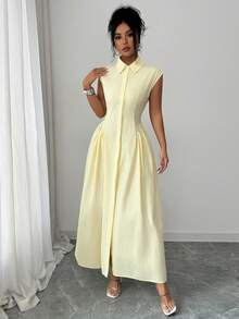 Lili House 女士浅黄色棉质条纹短袖褶裥开衩连衣裙，优雅百搭，适合春夏办公、早午餐、约会、度假等场合。 - 黃色 - 查看 7