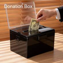 Acrylic Donation Box 15.7*11.6*10cm With Lock & Sign Holder, Clear Ballot & Suggestion Box With Slot For Cash, Coins & Raffle Tickets - Matte Black - View 3
