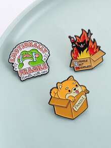 1Set Fragile, Handle With Care Enamel Pins Dog Cat Frog Brooches Lapel Badges Cartoon Emotionally Animal Jewelry Gift For Friends - Multicolor - View 7