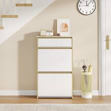 HaluPeit Narrow Shoe Cabinet With 2 Hinged Door, Shoe Rack, Shoe Rack With Drawer, Narrow Shoe Chest With 4 Shelves, Adjustable, For Hallways, Entrances, Cloakrooms, 24 X 60 X 104.5 Cm, White - White - View 1