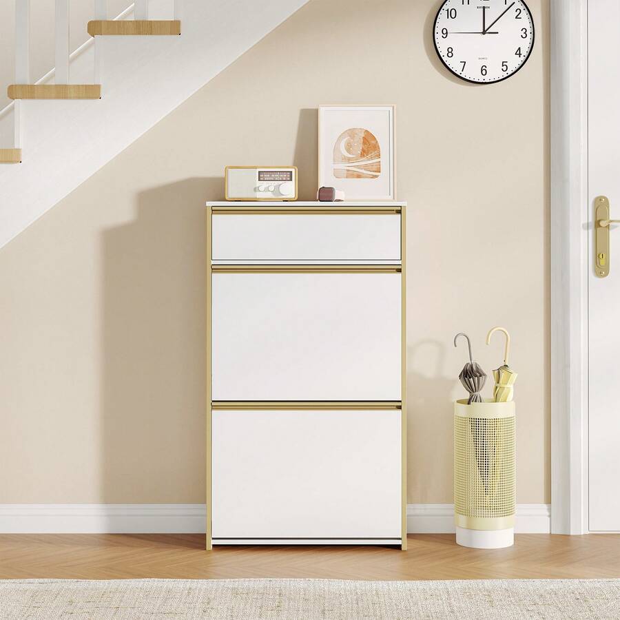 HaluPeit Narrow Shoe Cabinet With 2 Hinged Door, Shoe Rack, Shoe Rack With Drawer, Narrow Shoe Chest With 4 Shelves, Adjustable, For Hallways, Entrances, Cloakrooms, 24 X 60 X 104.5 Cm, White - White - View 1