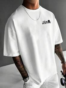 Camvyn 男士休闲时尚街头印花落肩宽松透气短袖T恤，夏季 - 白色 - 查看 2