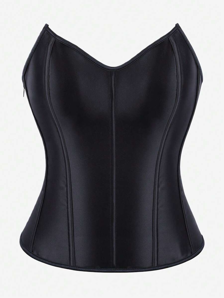Overbust Corset Bustier, Casual Corset Top, Upright Posture, Slimming, Zipper Closure, Solid Color - Black - View 1