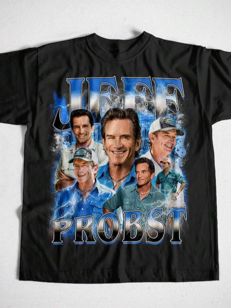 Unisex 90s Style Jeff Probst Shirt, Jeff Probst Presenter Homage Tee, Jeff Probst Vintage Shirt, Tel - 黑色 - 查看 1