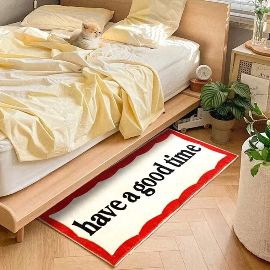 Thảm len giả mềm mại, thảm dày sang trọng thoải mái, thảm chữ nền trắng viền đỏ, thảm in chữ "Have A Good Time", thảm trang trí nhà hiện đại tối giản, thảm chống trơn trượt, thảm có thể giặt máy, thảm trải sàn trong nhà.