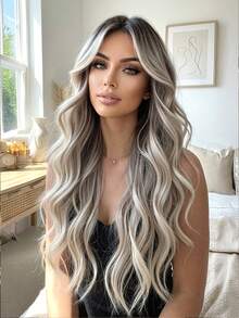 26英寸波浪蝴蝶发型假发，带刘海，女士/女孩合成纤维假发