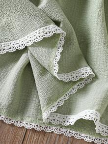 فستان بأكمام قصيرة مكشكش بقماش جاكار ناعم ولون أحادي مناسب للبنات للارتداء في الخارج، للربيع/الصيف - أخضر - مشاهدة 7