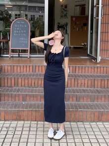 Y6Y French Blue Women's Spring/Summer Sexy Slim Fit Mid-Length Square Neck Dress - Blue - View 3