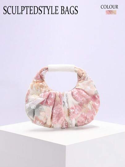 1pc Sculptedstyle Colorful PVC Sequin Contrast Mesh Embroidered Floral & Leaf Cloud Pattern Pleated Casual Summer Beach Tote Bag For Women