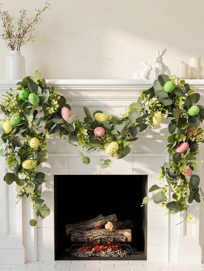 70.87 英寸桉树藤编花环，1 个彩色人造蛋形桉树花环，适合春季家居装饰、桌面装饰、墙面悬挂、室内装饰、餐厅装饰、复活节装饰