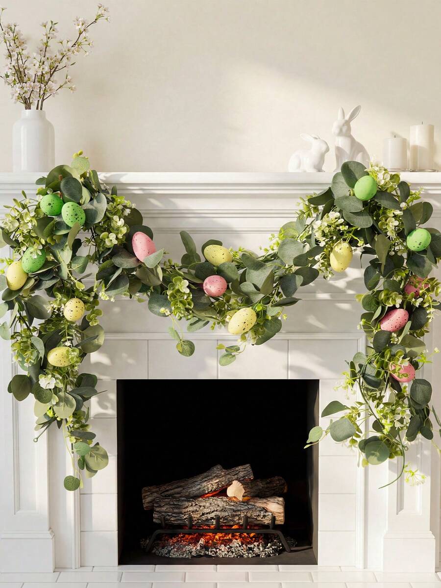 70.87 Inch Eucalyptus Rattan Wreath, 1pc Artificial Colorful Egg Eucalyptus Wreath, Suitable For Spring Home Decor, Tabletop Decor, Wall Hanging, Indoor Decoration, Dining Room, Easter Decoration - Multicolor - View 1