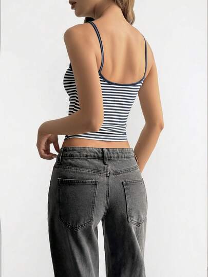 Vaiaye Women's Fashion Lingerie Style Top And Spring/Summer Striped Print Round Neck Fitted Casual Vacation Sexy Camisole, Suitable For Beach Vacation & Everyday Casual Wear