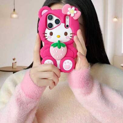  Husă de telefon din silicon Sanrio, pisică drăguță la modă nouă, roz căpșuni KT, stereoscopică 3D, pisică moale cu căpșuni, fundă roz KT, compatibilă cu Apple seria 17, 11/12/12 Pro, 13/14/15, 13 Pro/14 Pro/15 Pro