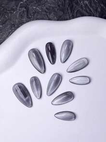 10片手工短款假指甲，法式尖头，杏仁形，可爱美甲，Y2K风格，黑色，红色，附赠美甲工具，适合女性日常使用，优雅精致，秋冬季美甲贴纸美甲用品手工按压式指甲 - 黑色 - 查看 12