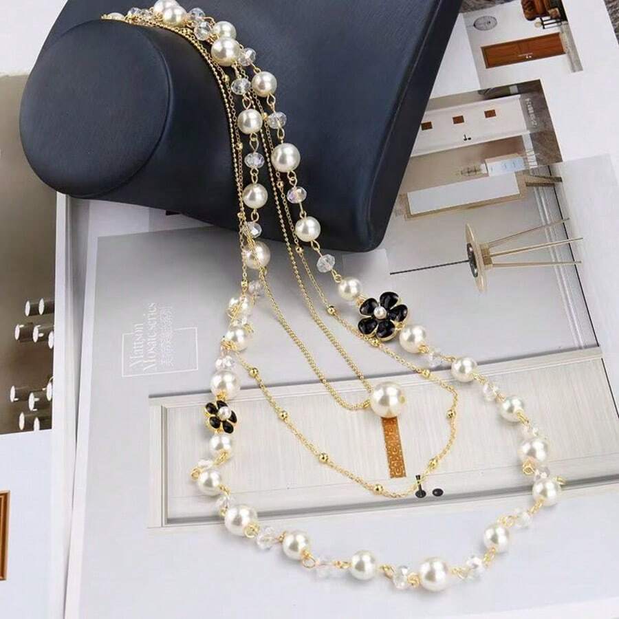 1件装时尚女士珍珠花朵项链，优雅多层毛衣链，百搭，适合外套、休闲和派对场合 - 6瓣花長項鍊 - 查看 1