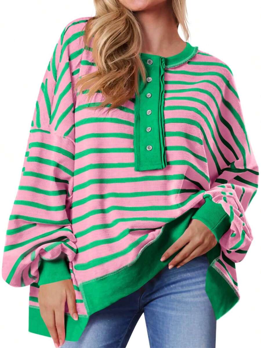 Womens Loose Fit Striped Henley Waffle Knit Pullover Casual Sweatshirt Tops - 粉綠色 - 查看 1